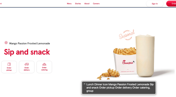 Example of Image Descriptive Text - Chick Fil A website
