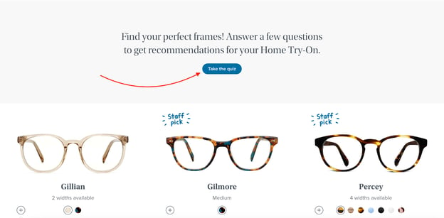 Inbound Marketing Website - Warby Parker's website showing button for interactive quiz