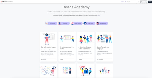 Inbound Marketing Website - Asana website's resource center webpage - Product-Focused Resources